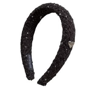 Serre-tête tricoté noir avec paillettes argentées et décor en forme de cœur métallique