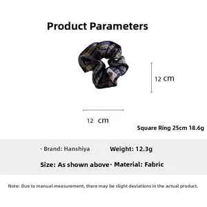 Detail showing 12cm checkered hair scrunchie with cute bear patch and product dimensions