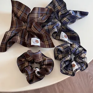 Preppy Style Plaid Fabric Scrunchies With Bear Patch Elastic Hair Ties Sweet Hair Bands For Women Girls Daily Hair Accessories