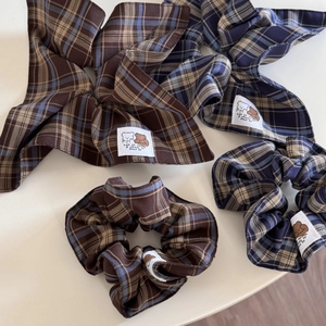 Preppy plaid hair scrunchie set with cartoon bear patch and bow tie hair bands