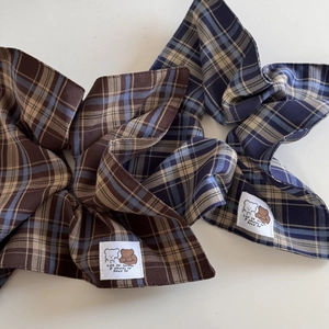 Plaid scrunchies set in brown and navy blue with cute cartoon bear patch for girls