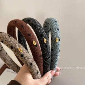 Retro Polka Dot Padded Headband For Women Tweed Fabric Hairband With Gold Metal Love Tag High Skull Top Hair Accessories