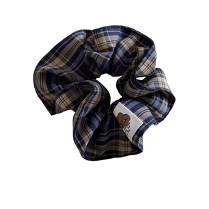 Plaid scrunchie in navy and beige with cute bear patch, stylish hair tie for women