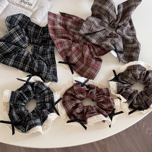 Vintage Plaid Scrunchie For Women Retro Bowknot Lace Edge Hair Tie Elastic Fabric Large Intestine Hair Ring Accessories