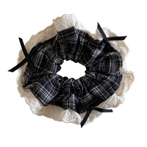 Retro black plaid hair scrunchie with white lace trim and triple bow accents for women