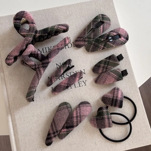 Pink and green plaid hair accessories set featuring large claw clip and matching hairpins