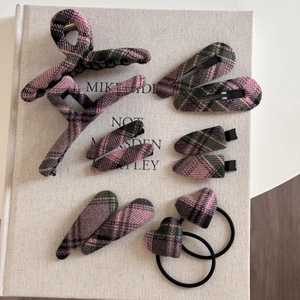 Classic grey and pink plaid hair clip set with large shark clip and hair accessories