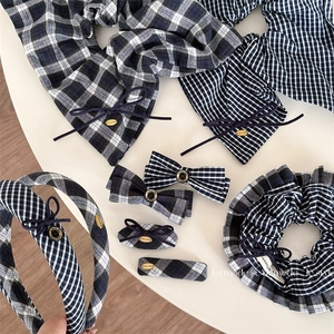 Marineblau Gingham Schleife Haarschmuck Handgefertigt Stoff Haargummi Stirnband Haarspange Süßer Stil Damen Kopfschmuck