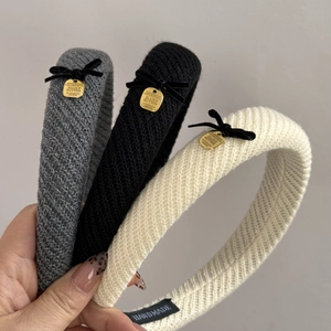 Chic ribbed knit sponge headbands in grey black and cream with velvet bows and gold charms
