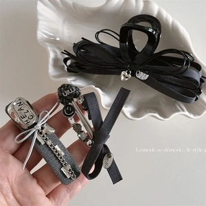 Grey Suit Fabric Bow Hair Clip For Women Fashion Elegant Rhinestone Heart Charm Hair Claw Clip Duckbill Clip Hair Accessories