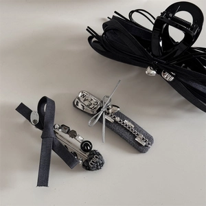Chic grey fabric bow hair clips and shark claw set with silver chain and rhinestone details