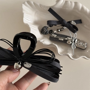Grey suit fabric bow hair claw set with heart pendant and metallic engraving details