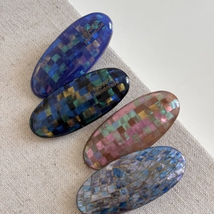 Elegant oval shell mosaic checkered hair clips with handmade French craft style