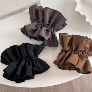 Solid color pleated ruffle hair scrunchies in dark grey, black and brown colors