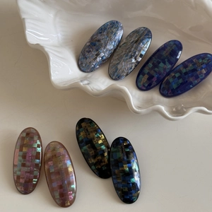 French handmade shell sequin checkered hair clip with oval shimmering geometric pattern