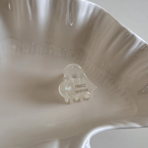 Detailed macro view of handmade iridescent acetate heart hair claw with France logo