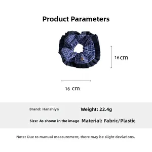 Detailed size parameters of blue plaid oversized scrunchie with wood button decoration