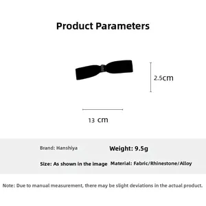 Detail view of black velvet bow hair clip with rhinestone size 13cm and weight 9.5g