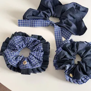 Retro Navy Blue Checkered Denim Hair Scrunchies For Women Preppy Style Patchwork Fabric Hair Ties Bow Knot Ponytail Holder