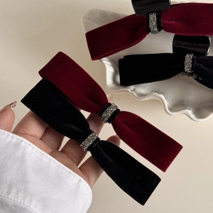 Elegant velvet bow hair clips with rhinestone buckle in black and burgundy red colors