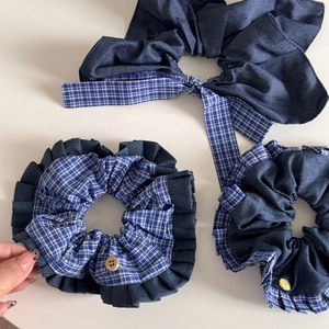 Vintage blue plaid and denim scrunchie set with wooden buttons and ribbon ties