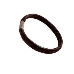 Brown leopard print hair tie with elastic fabric and metal buckle on white background