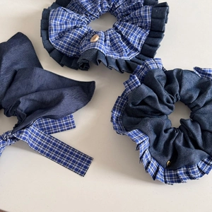 Vintage blue plaid scrunchie set including two hair ties and one bow hair accessory