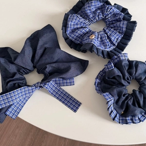 Blue plaid denim scrunchie set with bow hair tie and wooden button detail