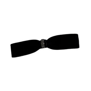Elegant black velvet bow hair clip with sparkling silver rhinestones on white background