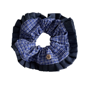 Vintage blue plaid oversized scrunchie with a central decorative wooden button
