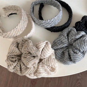 Knitted wool hair scrunchies and headbands set in neutral tones for minimalist hair styling