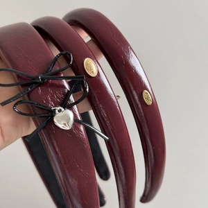 Burgundy leather bow headbands with vintage gold charms and heart pendant set