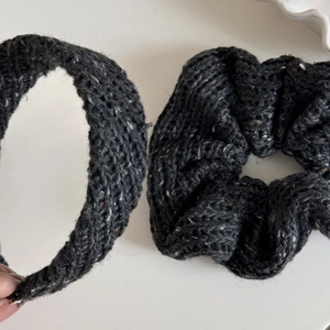 Detail of dark grey knit headband and scrunchie set with rustic woolen texture