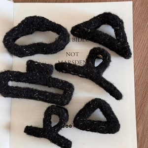 Set of 6 black plush fabric hair claws with shimmering silver threads for women