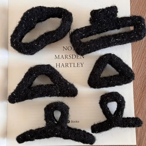 Elegant black plush hair claw clips with silver glitter yarn in six geometric shapes