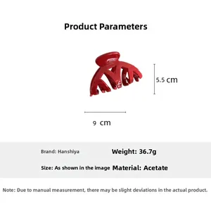 Détails des dimensions et du poids d'une pince à cheveux en acétate rouge de 9 cm pour coiffure