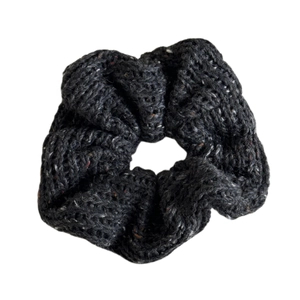 French style knitted scrunchie in dark grey wool blend with textured pleats for hair styling