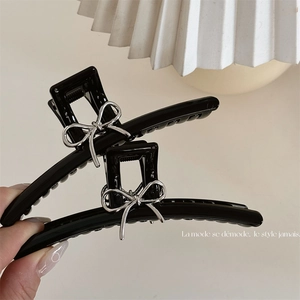 Pinza per Capelli Nera in Stile Francese Con Fiocco in Metallo Argento Eleganti Accessori per Capelli in Plastica per Donna