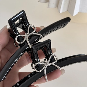 Elegante fermaglio per capelli nero con fiocco in metallo argento per acconciature quotidiane