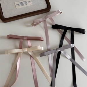 Elegant satin bow hair clips with long ribbons in five colors for ballet style aesthetic