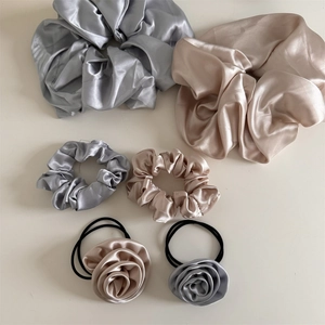 6-piece set of satin hair scrunchies and handmade rose ties in silver-grey and champagne