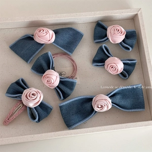 Handmade Denim Bowknot Pink Satin Rose Hair Clip Sweet Korean Style Duckbill BB Clip Women Girls Decorative Hair Accessory