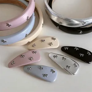 Style Coréen Doux PU Cuir Nœud Pince à Cheveux Élégant Nœud en Métal Clip BB Padded Éponge Serre-tête Pour Femmes Accessoires de Cheveux