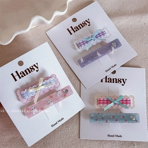 Sweet Bowknot Hair Clips Plaid Floral Cat Print Resin Fabric Side Clips For Girls Women Daily Hair Accessories