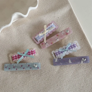 Sweet floral cat hair clip set with lace bows and heart charms for girls