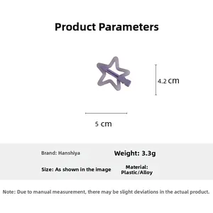 Detail of purple star hair clip showing 5cm dimensions and lightweight 3.3g design