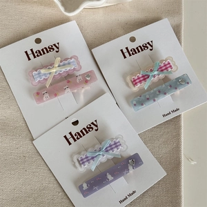 6-piece floral checkered bow hair clip set with cute cat patterns and rhinestones