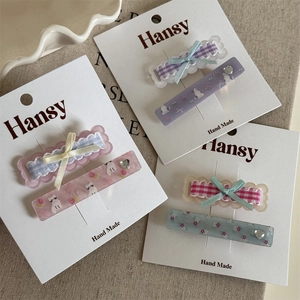 Handmade floral cat and plaid bow hair clips set for girls in multiple colors