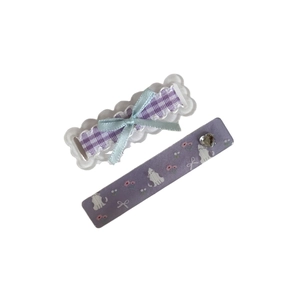 Floral cat pattern bow hairpins in purple with plaid ribbon and crystal heart detail