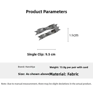 Dimensions détaillées des barrettes nœuds argentées en tissu métallisé avec strass cœur